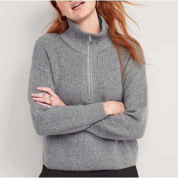 Old Navy Women's Gray Ribbed Knit Quarter Zip Sweater Size Medium Preppy - Picture 2 of 6